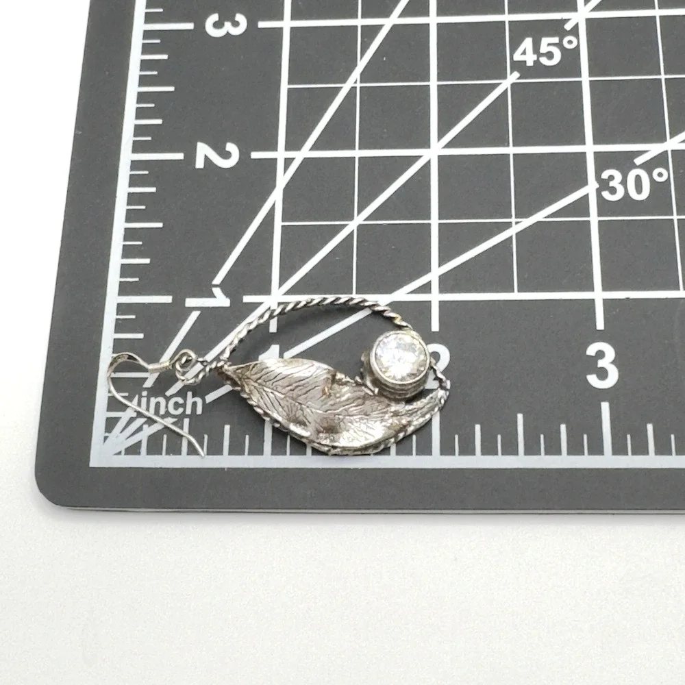 Artisan Sterling Silver CZ Earrings Leaf Modernist Artistic 2" - Picture 6 of 7
